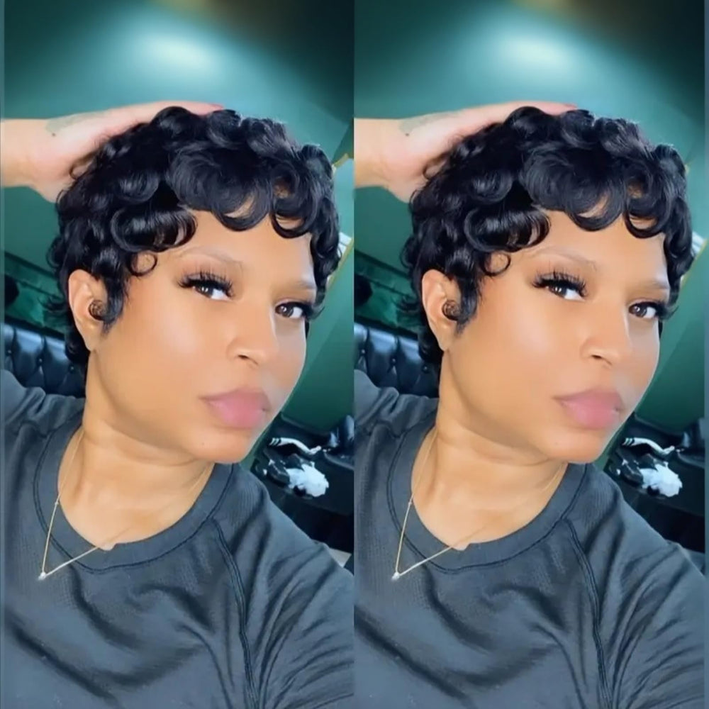QiaQiaRing Pixie Cut Wig natural black closeup shows soft natural texture for daily wear