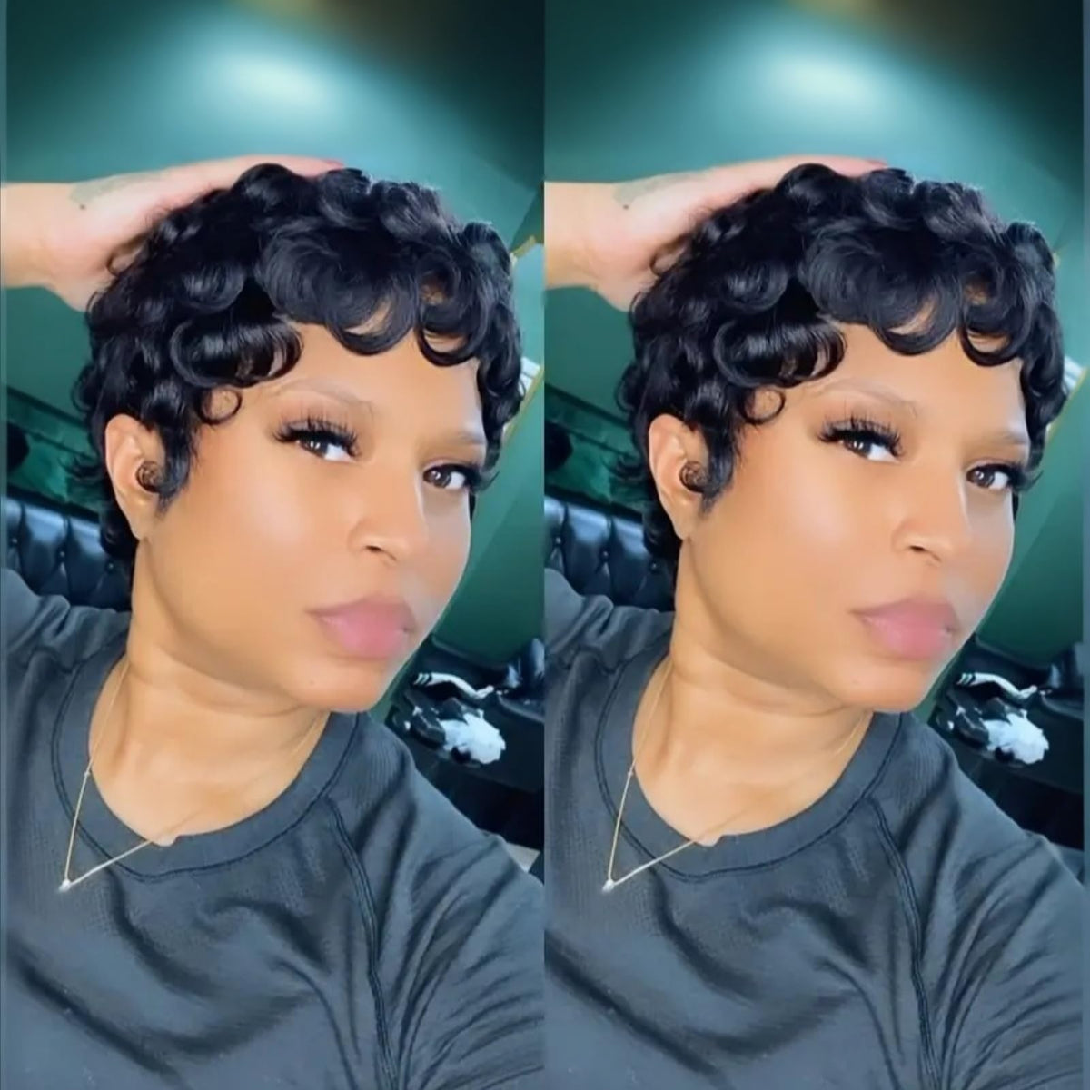 QiaQiaRing Pixie Cut Wig natural black closeup shows soft natural texture for daily wear