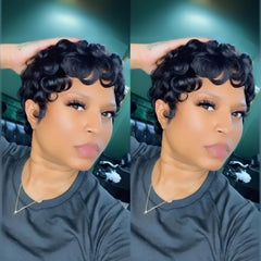 QiaQiaRing Pixie Cut Wig natural black closeup shows soft natural texture for daily wear