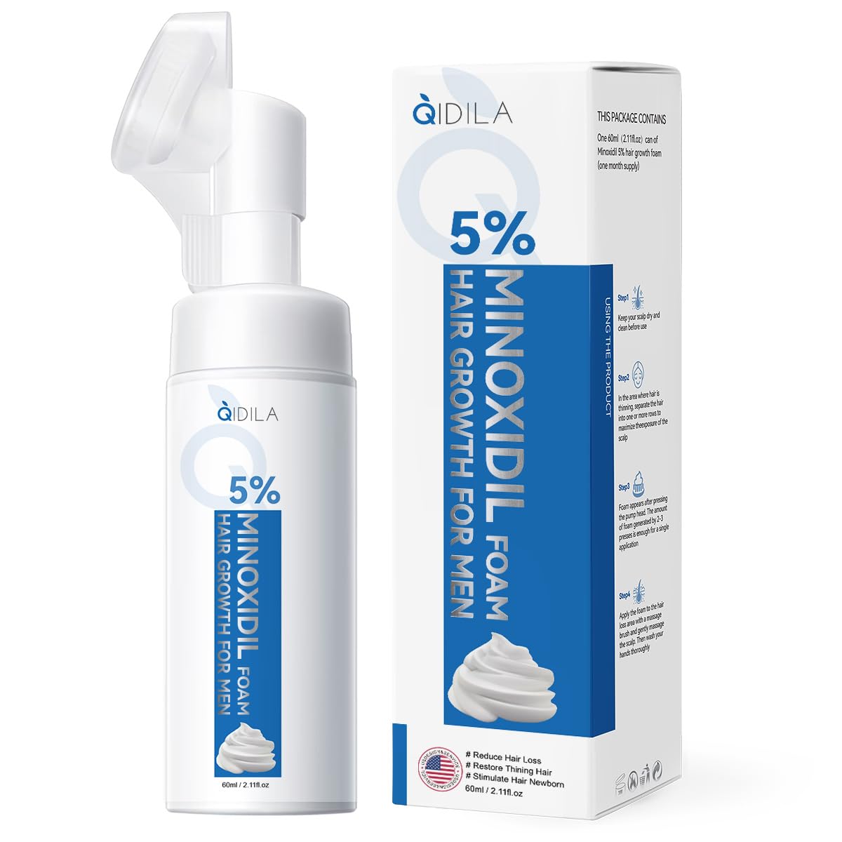 QIDILA 5% Minoxidil Foam bottle — lightweight daily-use formula.