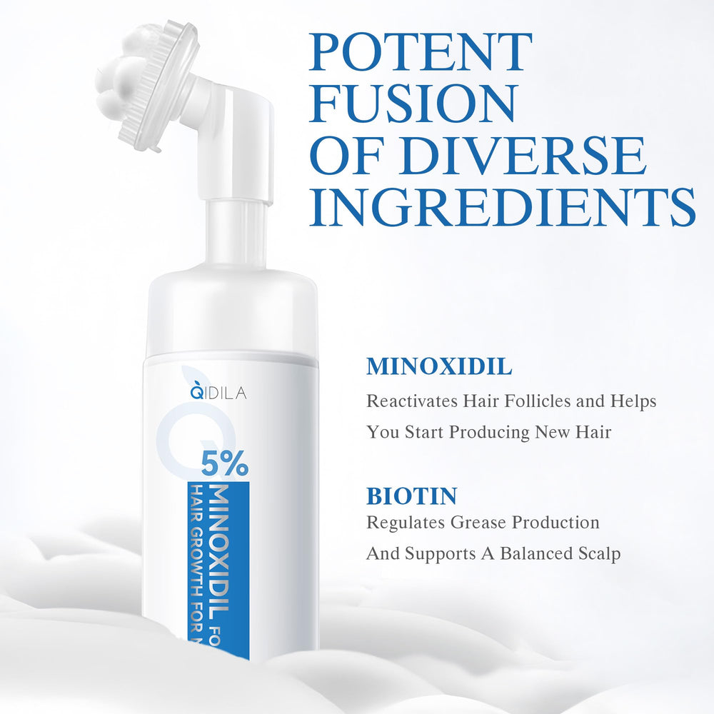 Close-up of QIDILA Minoxidil Foam texture — creamy, fast-absorbing.