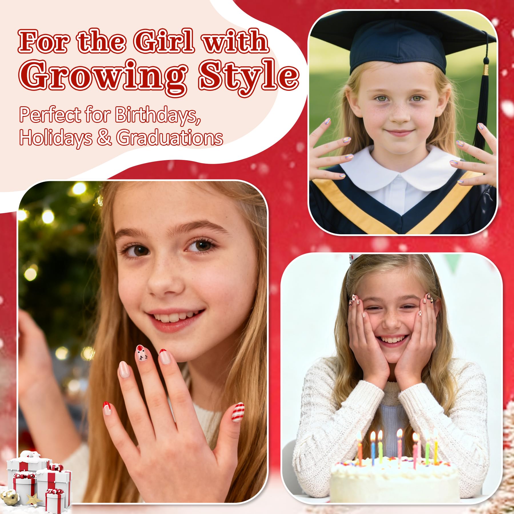 QIEK flower-pattern nails designed for tweens