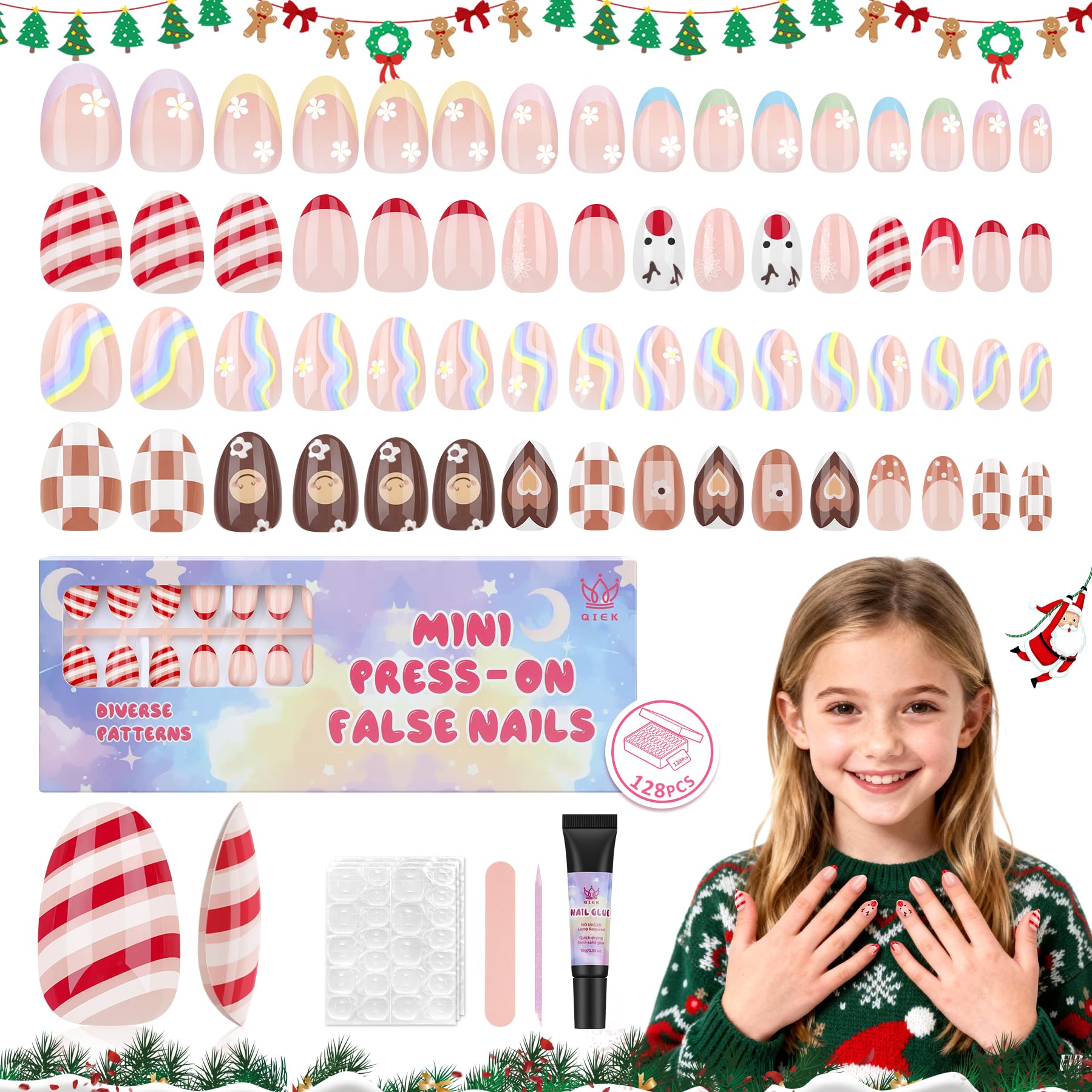 QIEK kids press-on nails almond shape for tween manicures