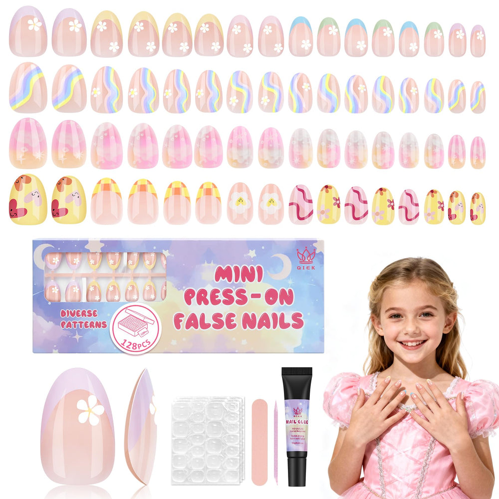 QIEK kids press-on nails gift box shows four stylish sets for quick, stylish play.