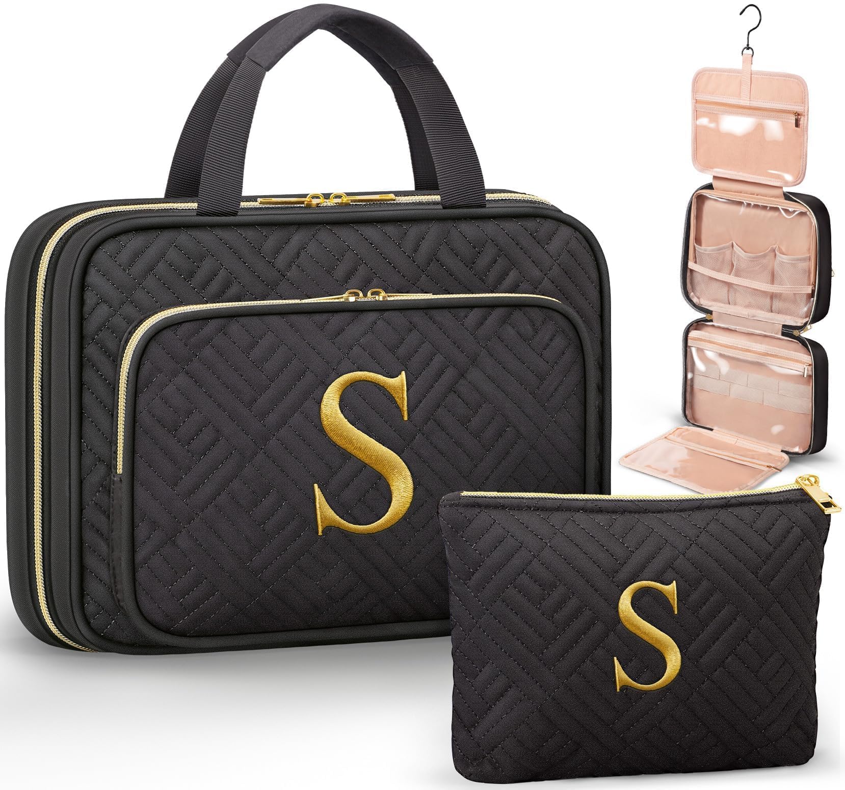 Qinline hanging toiletry bag with initials embroidery for easy travel organization.