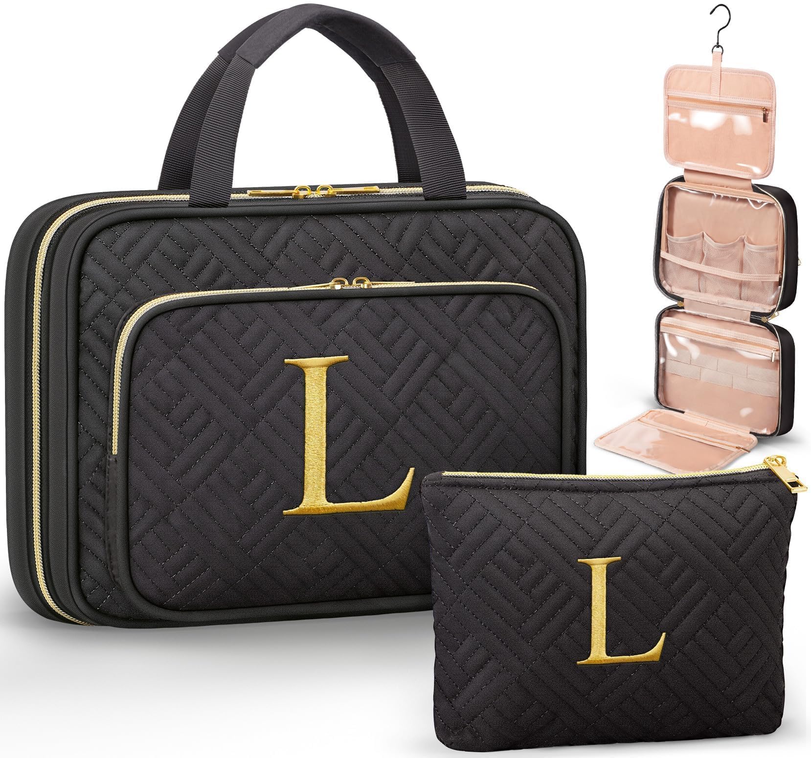 Qinline initial toiletry bag hanging keeps cosmetics organized on the go