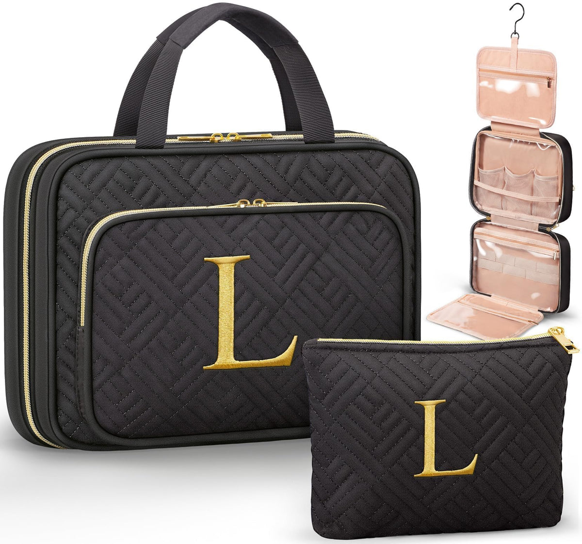 Qinline initial toiletry bag hanging keeps cosmetics organized on the go