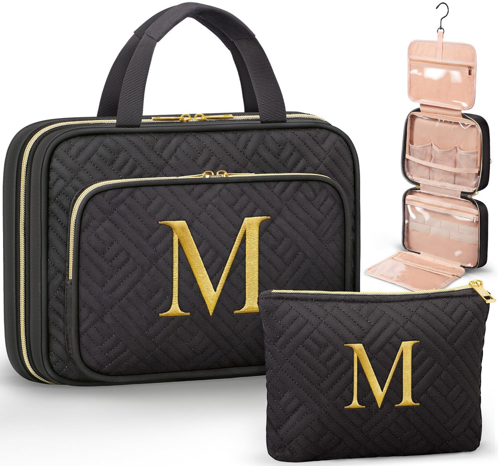Qinline initial toiletry bag hanging design with embroidery for organized travel and stylish gifting.