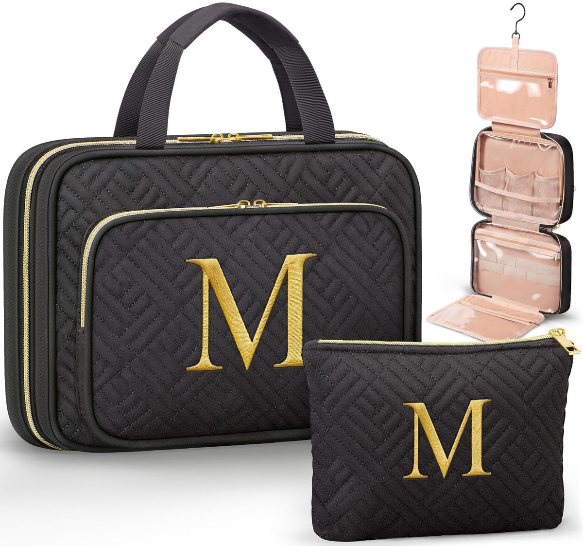 Qinline initial toiletry bag hanging design with embroidery for organized travel and stylish gifting.