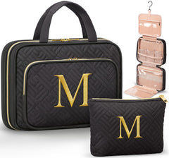 Qinline initial toiletry bag hanging design with embroidery for organized travel and stylish gifting.