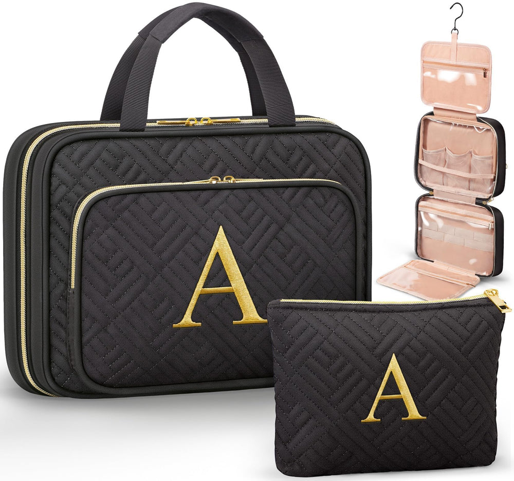Qinline initial travel toiletry bag hanging shows quick-access storage on trips.