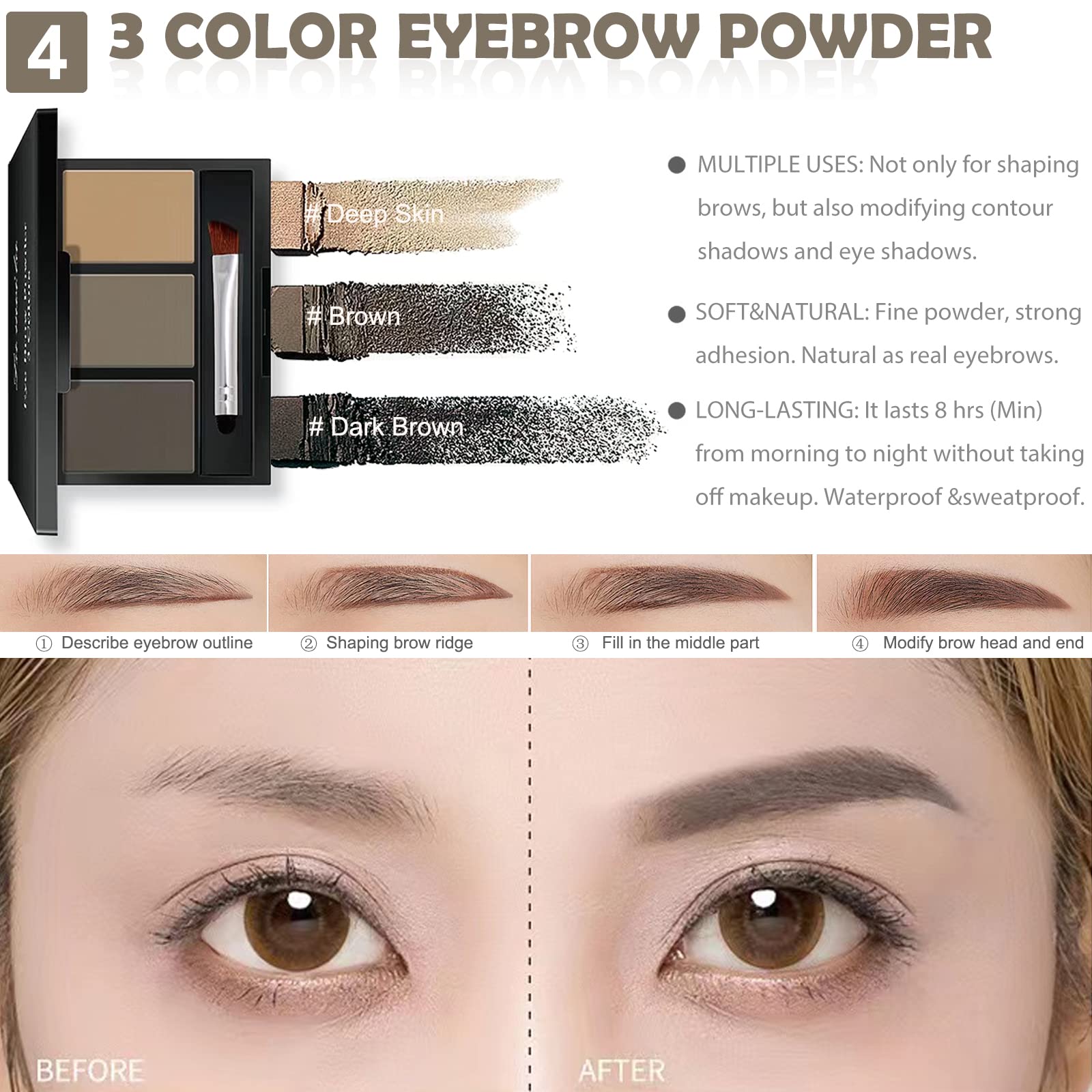 QIONG tri-color eyebrow powder for natural, defined brows.
