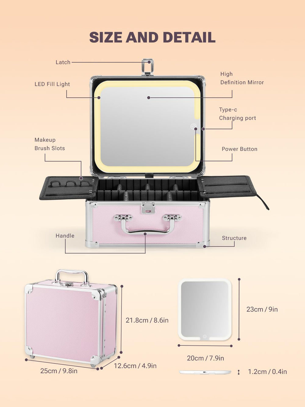 Qislee magnetic LED mirror on case for flexible viewing.