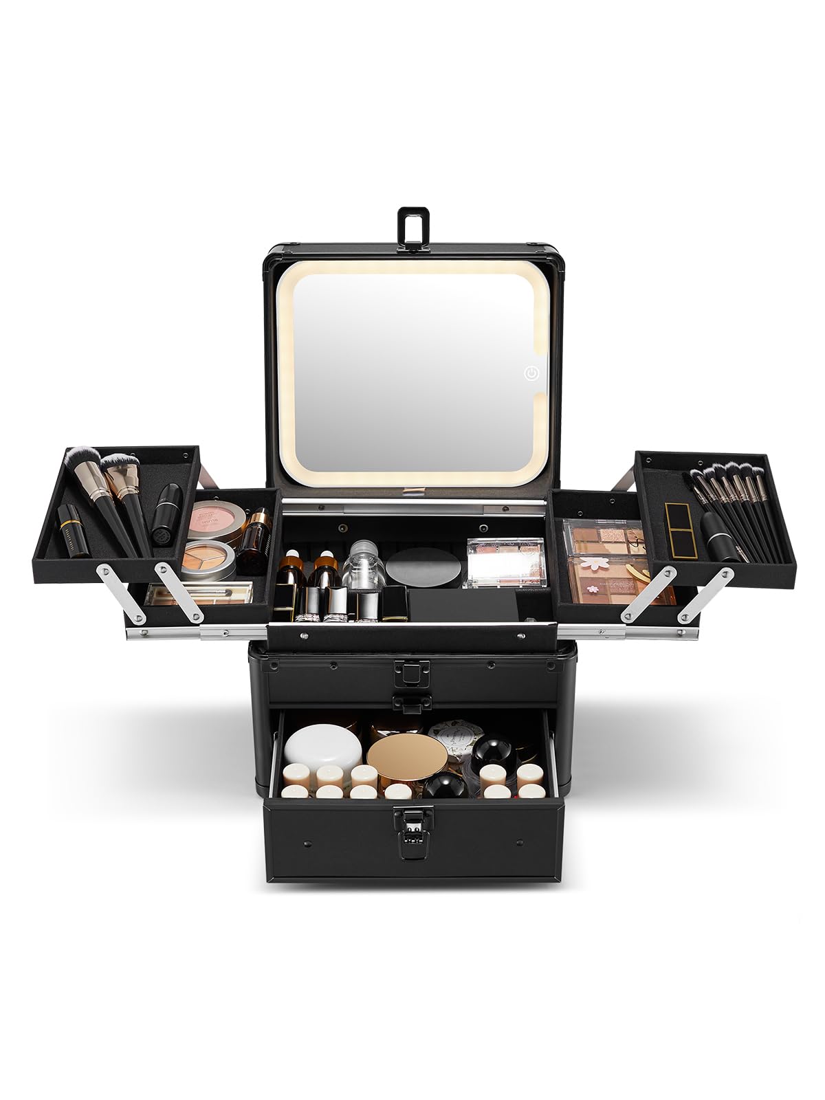 Qislee makeup box black front view showing durable on-the-go storage.