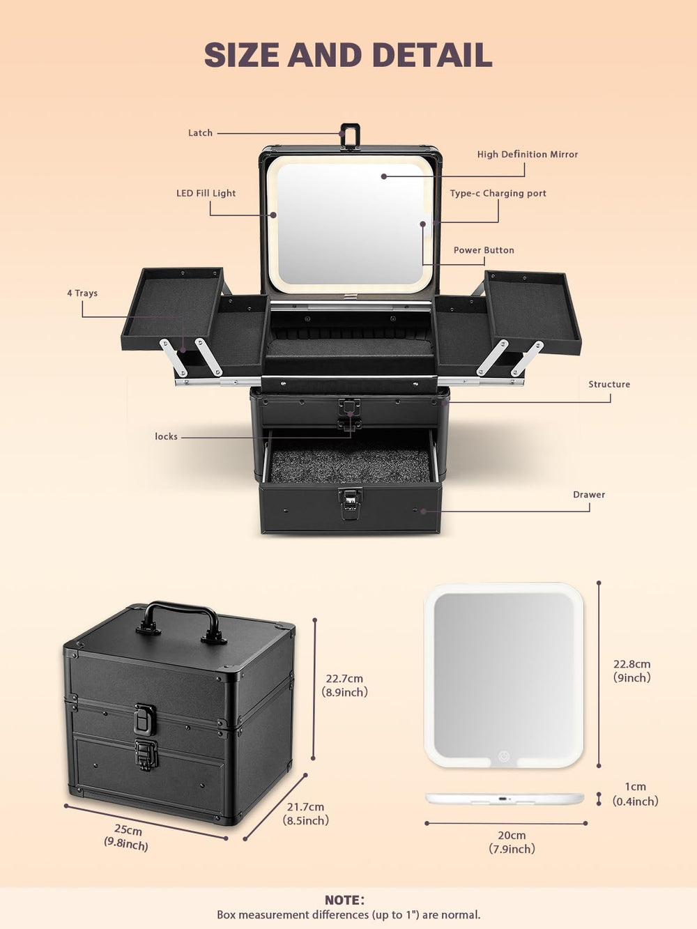 Qislee makeup box detachable lighted mirror ready for precise makeup application.