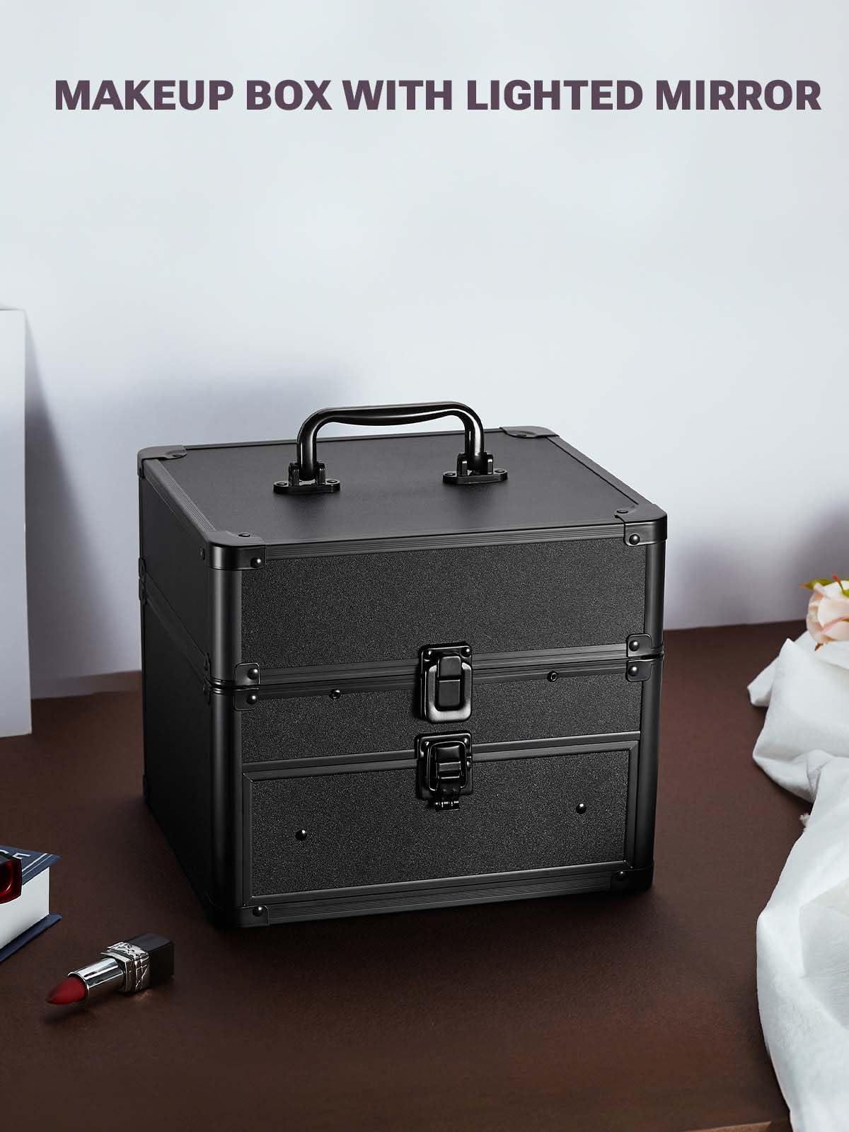 Qislee makeup box drawer-tray detail illustrating compact organization.