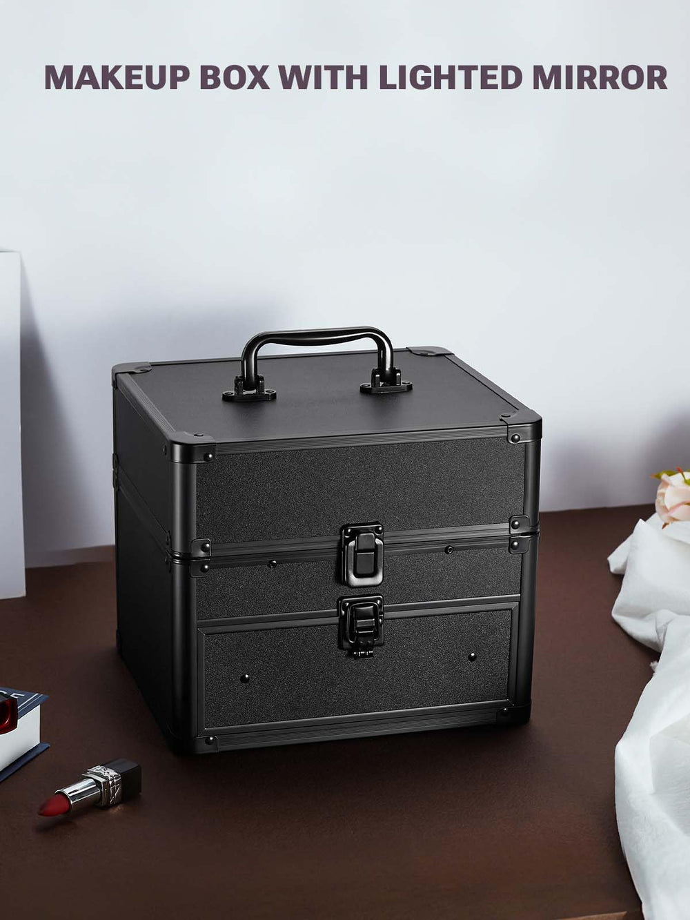 Qislee makeup box drawer-tray detail illustrating compact organization.