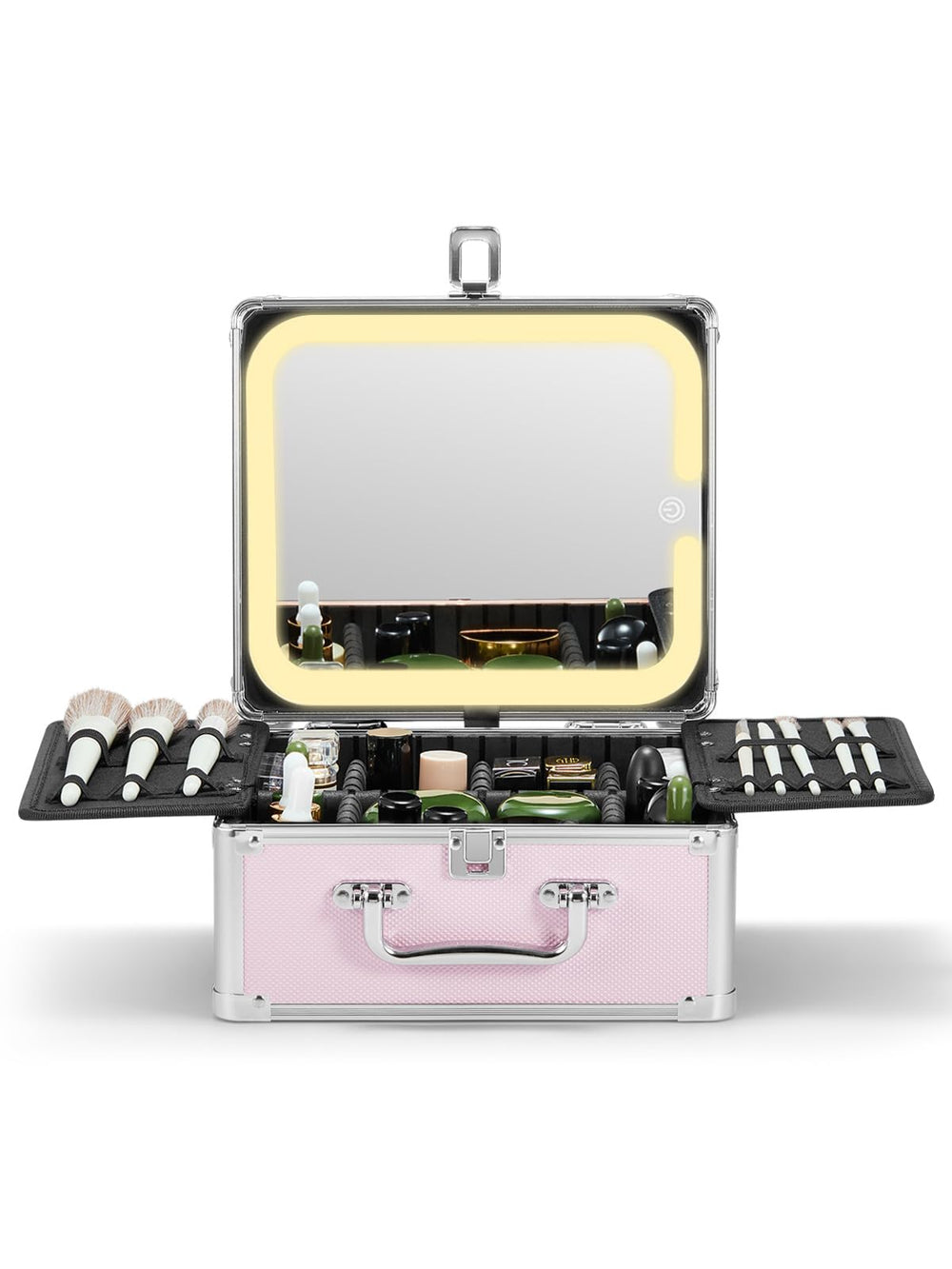 Qislee makeup box with icy pink detachable LED mirror for precise makeup on the go.