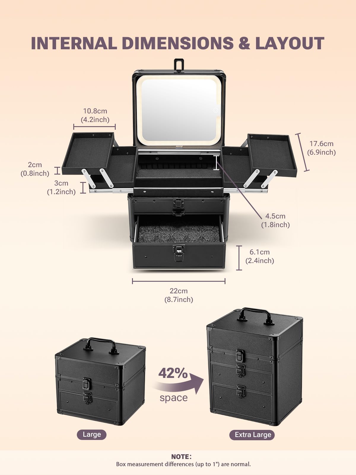 Qislee makeup box latch and reinforced corners for secure travel.