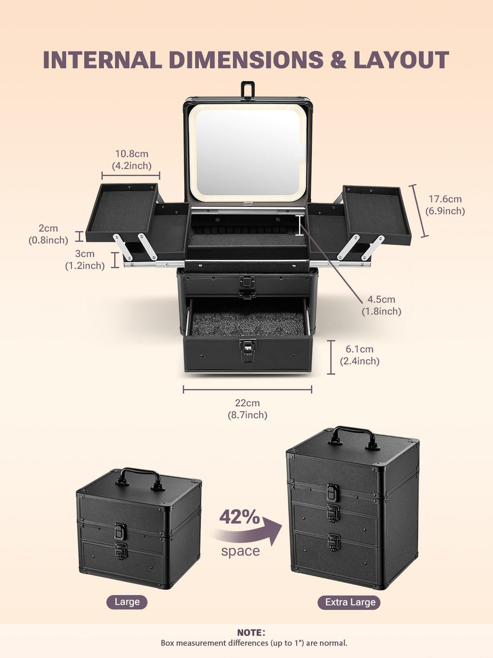 Qislee makeup box latch and reinforced corners for secure travel.