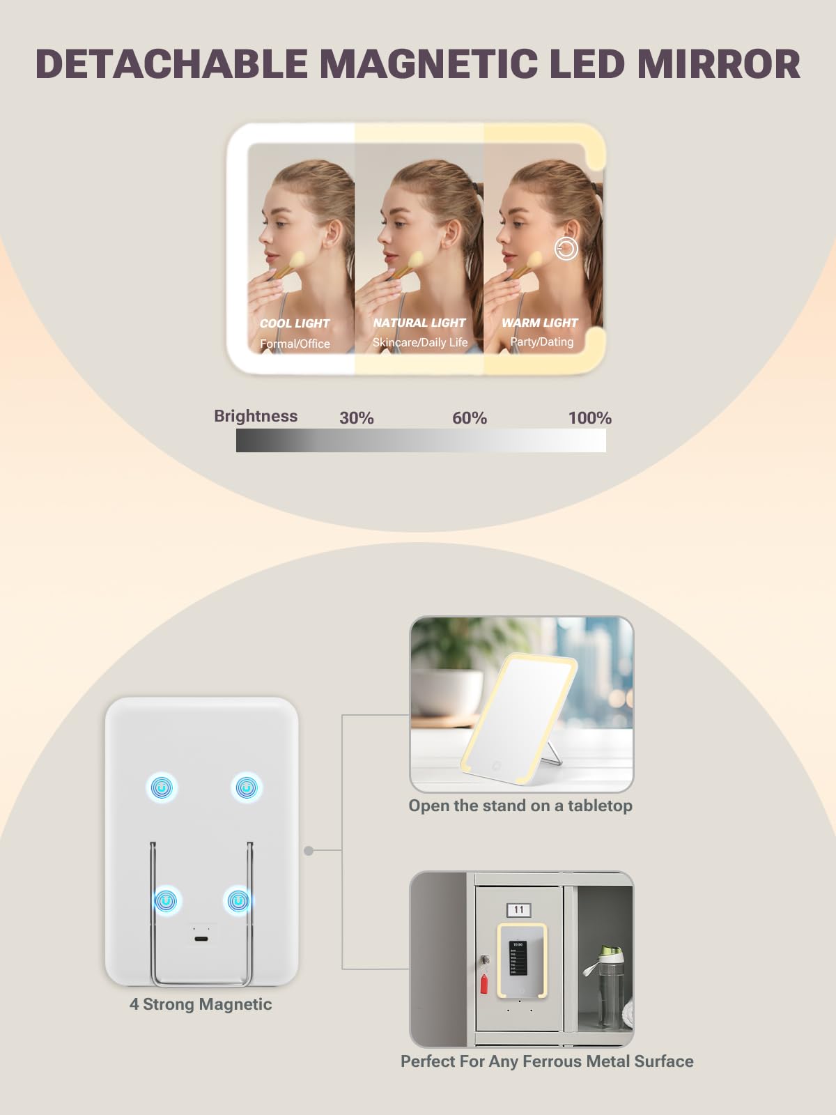 Qislee Makeup Box Mini mirror on metal surface, magnetic LED mirror attaches securely.