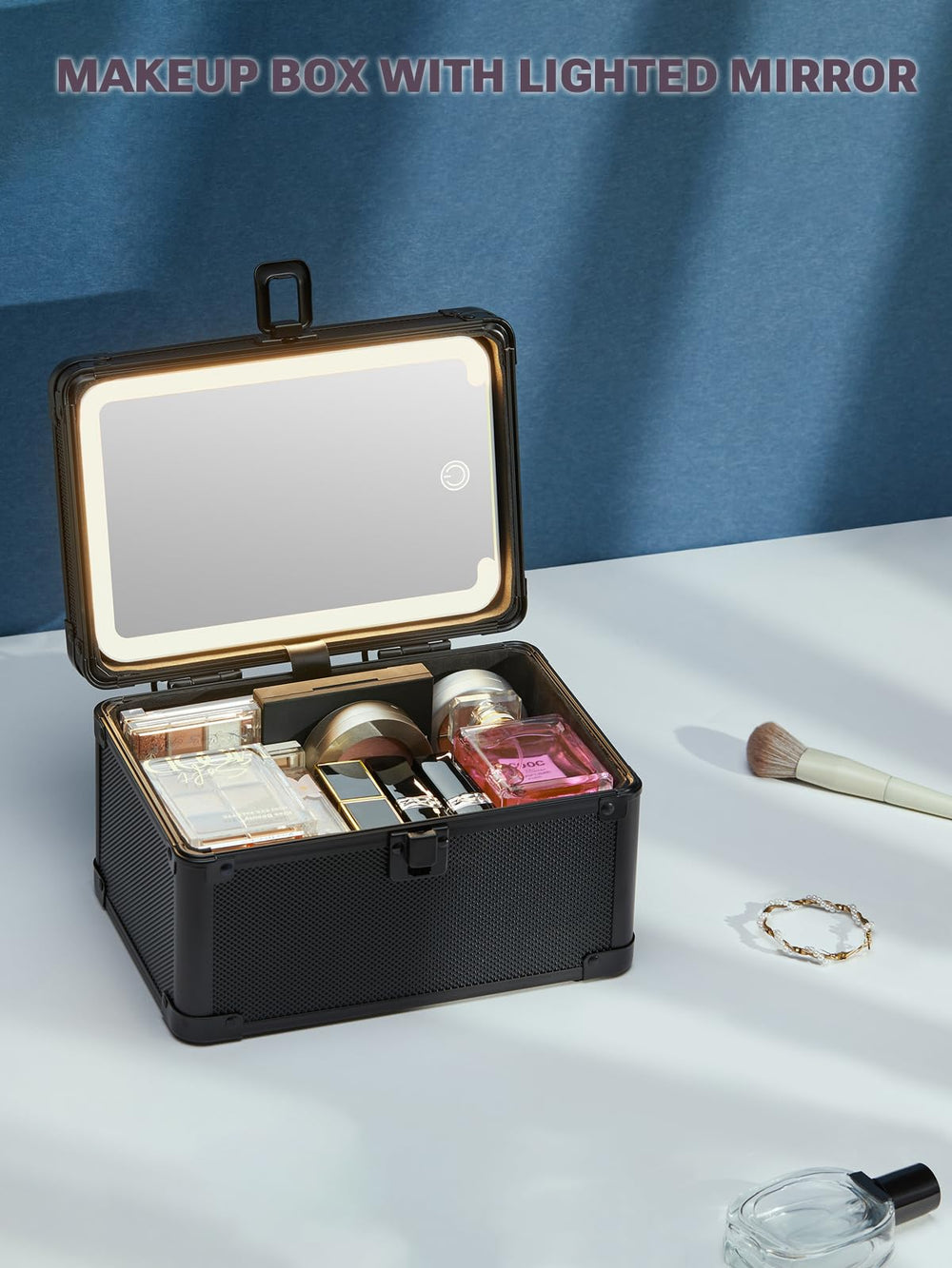 Qislee Makeup Box Mini packed for travel, slim portable train case.