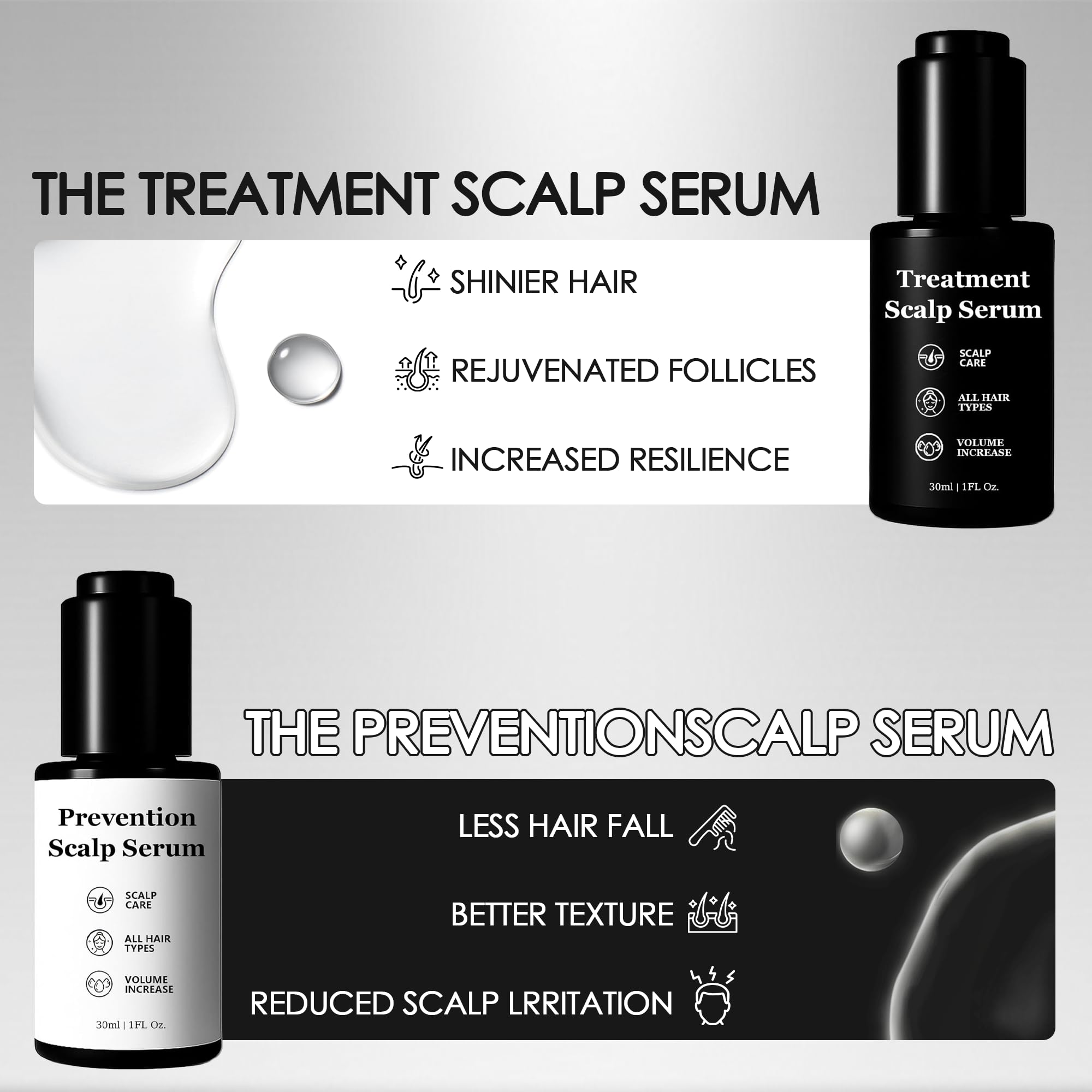 Qiuumey prevention-treatment serum duo closeup emphasizes root-to-tip care.