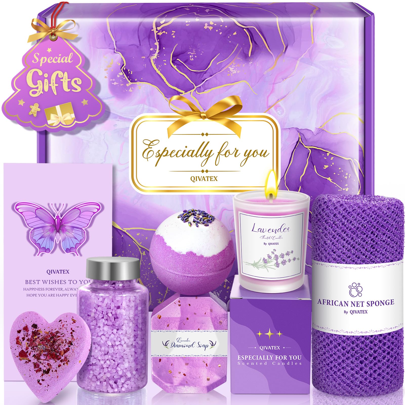 Qivatex bath gift set lavender candle offers a calming home spa moment.