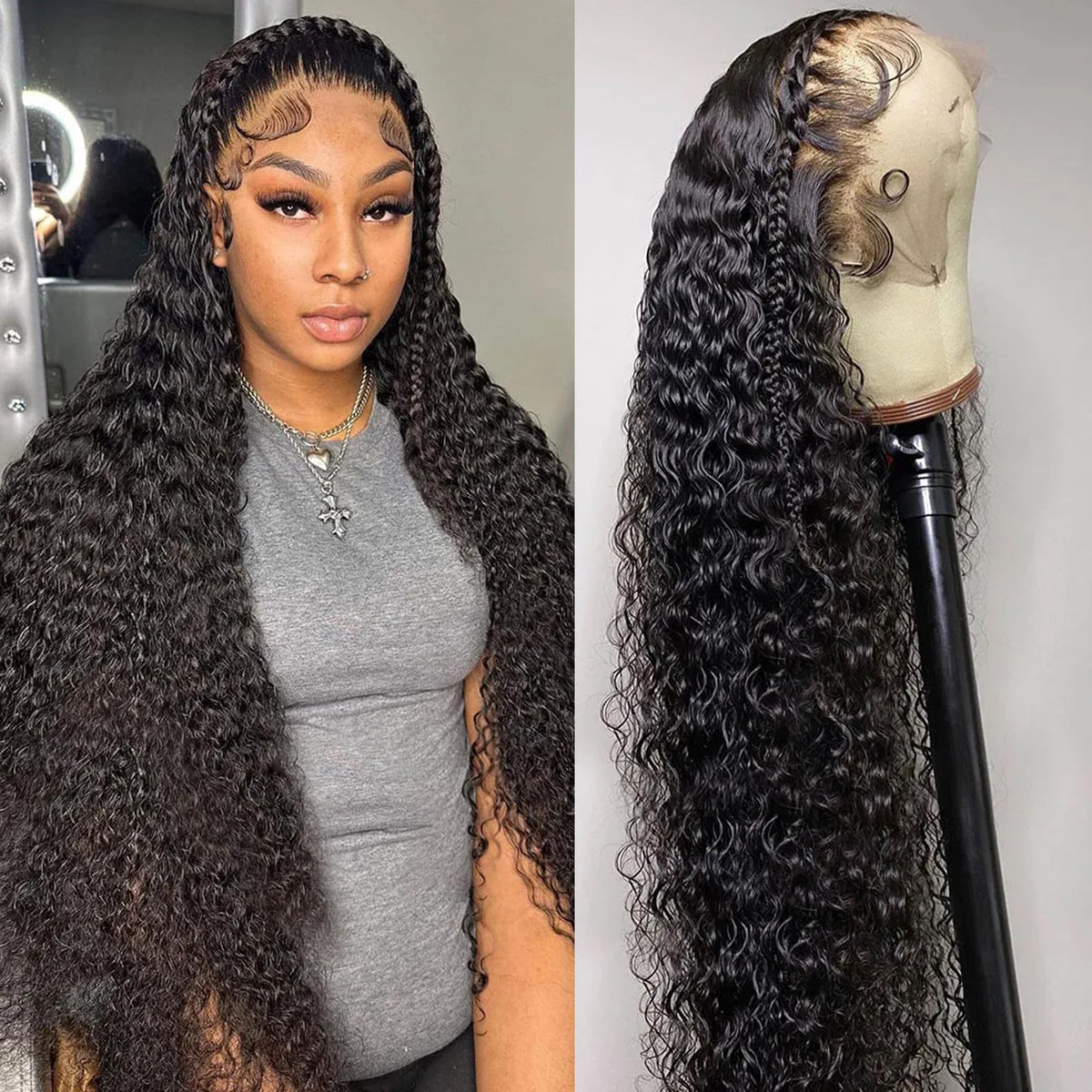 QKOQKO water wave lace front wig 30in showing natural texture for long-lasting styling options
