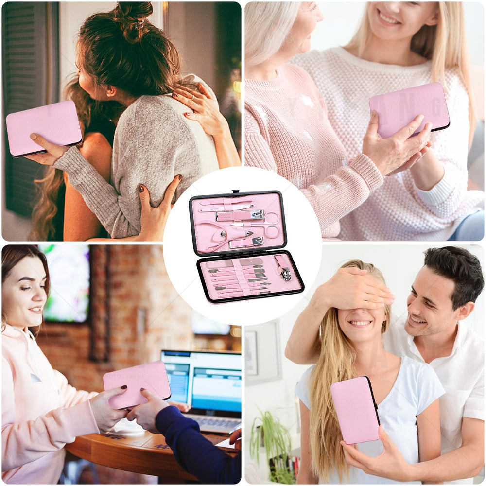 Estuche de cuero fino QLNE rosa para viaje