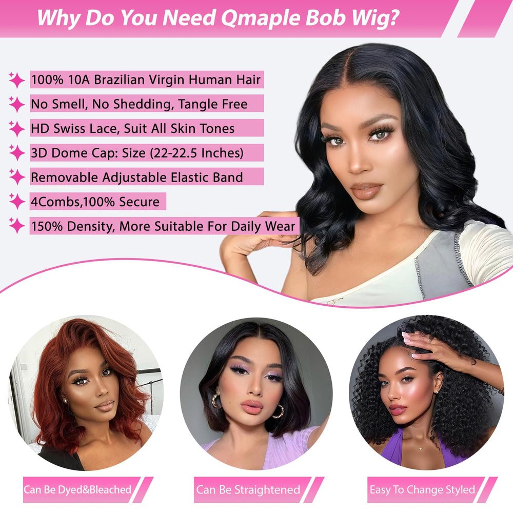 Qmaple bob wig 180% density short bob highlights voluminous fullness for confident styling.