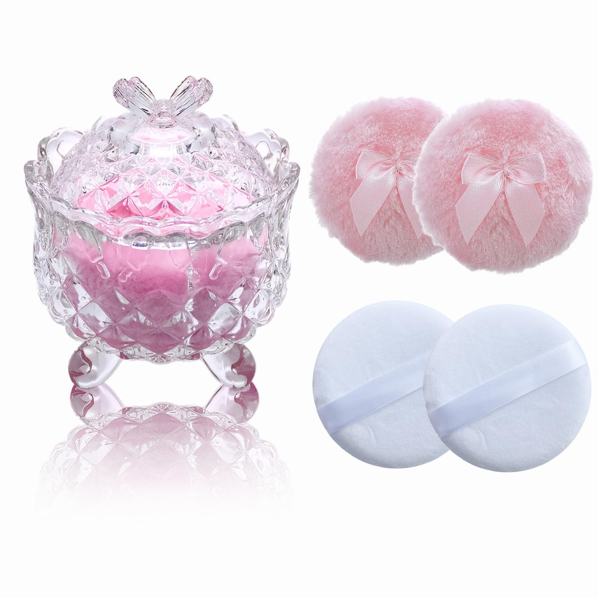 Qopoto 5-piece large body powder puff with crystal container for easy storage and application.