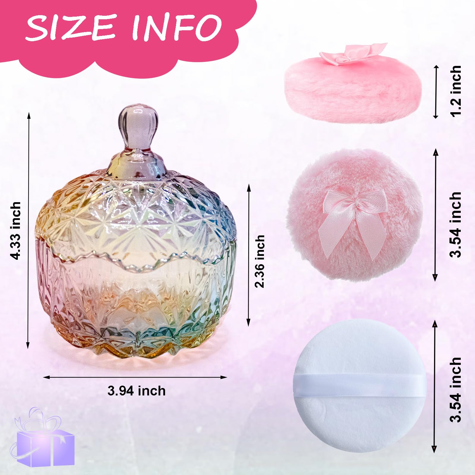 Qopoto crystal glass container holds puff securely while keeping powder fresh.