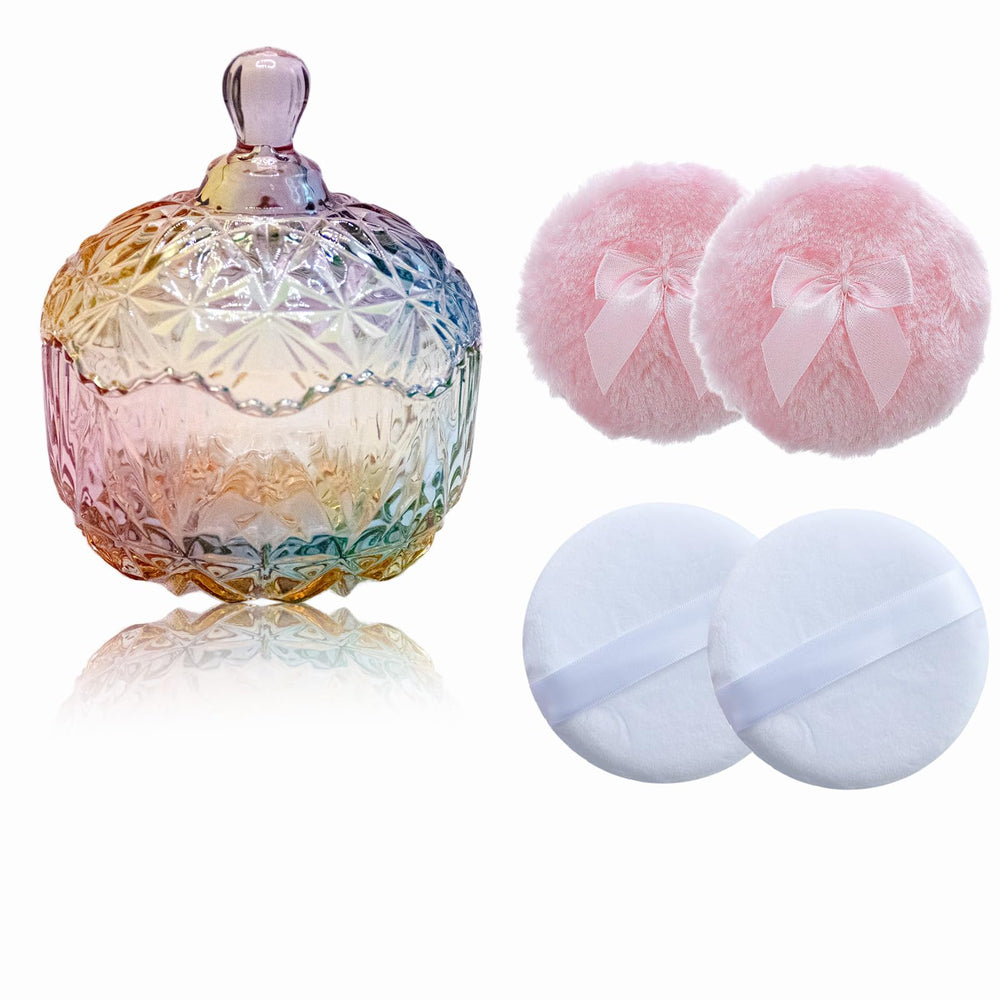 Qopoto powder puff and crown set with crystal container for even body powder application.