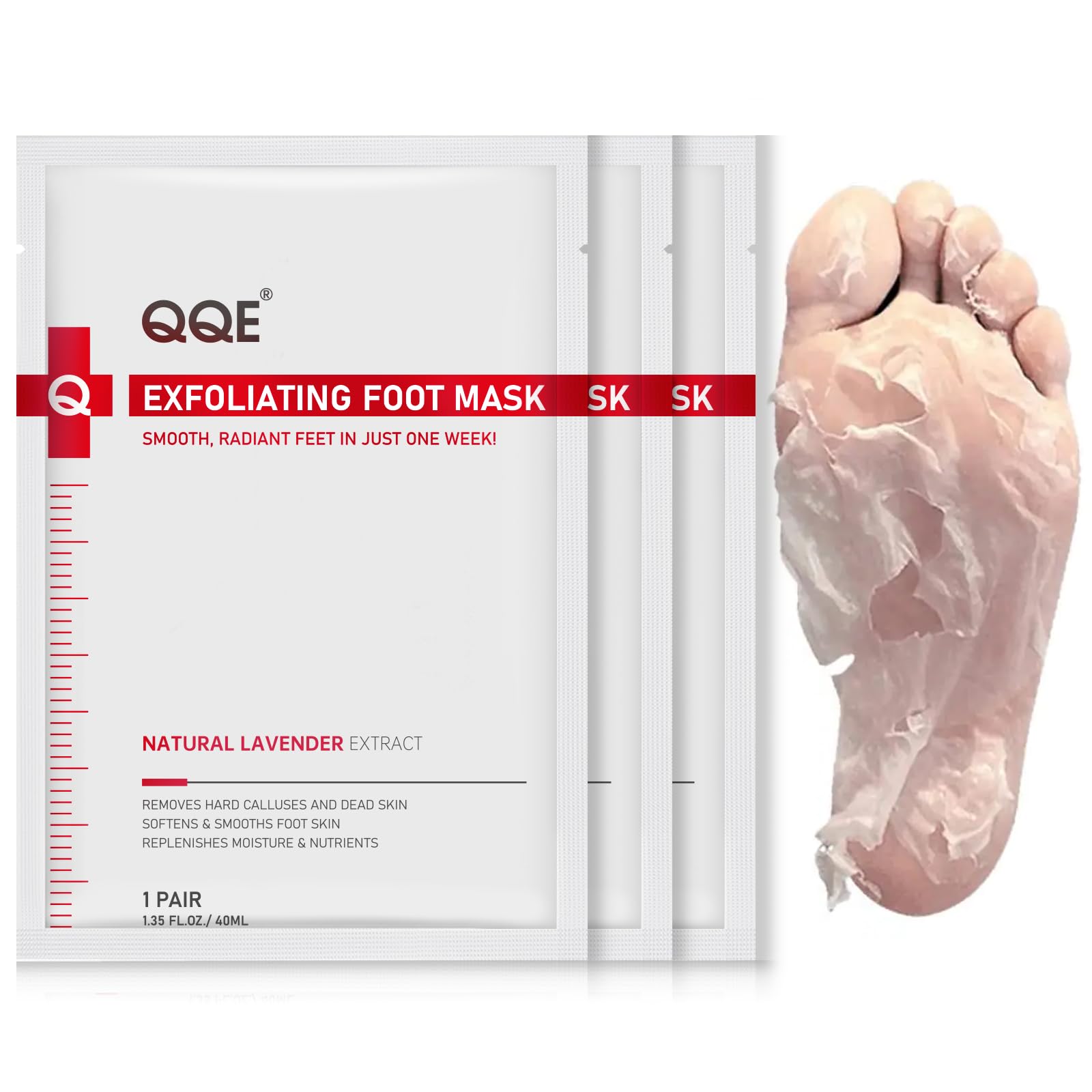 QQE Foot Peeling Mask three-pack packaging closeup for at-home hydrating foot care.
