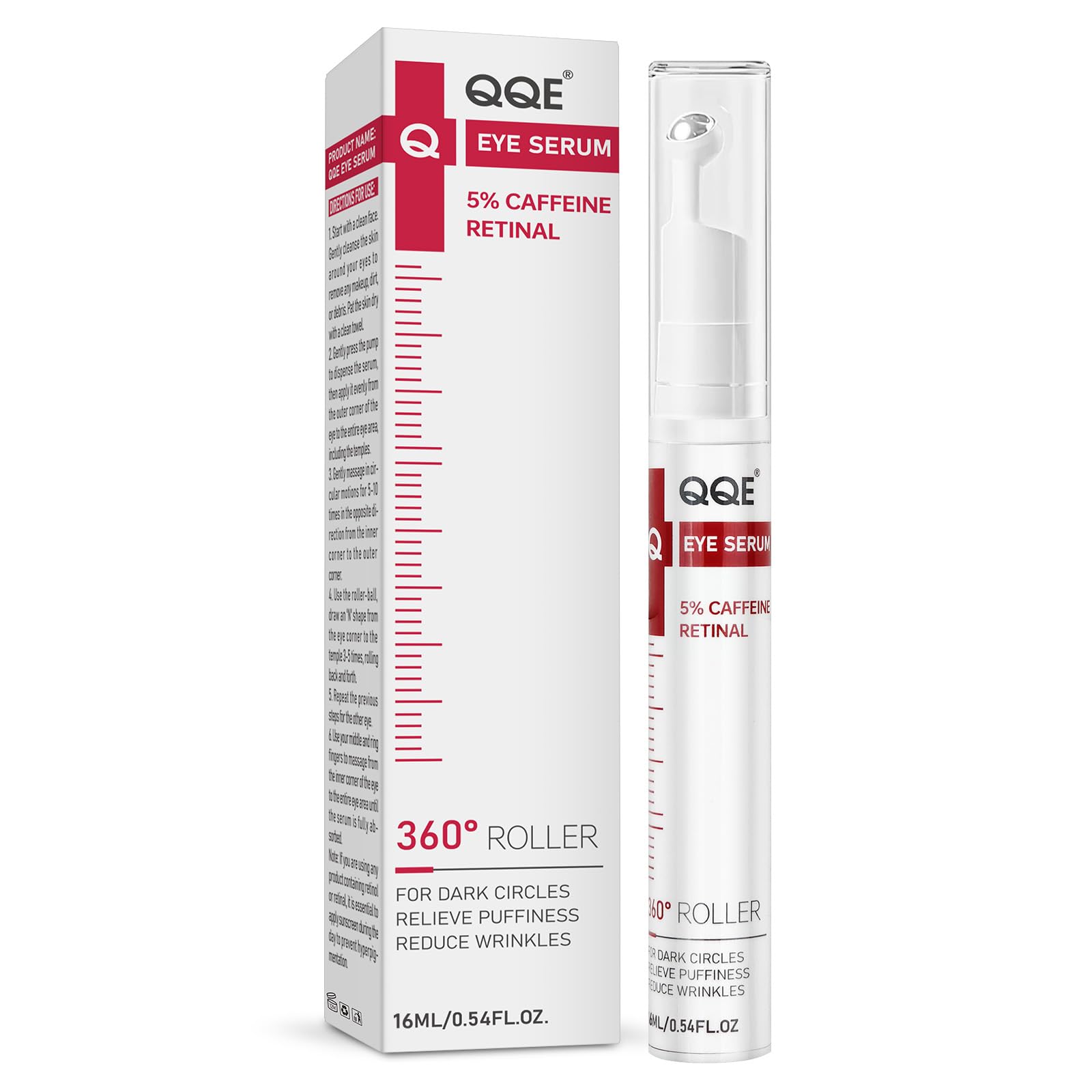 QQE retinol caffeine eye serum roller applying under-eye area for puffiness care