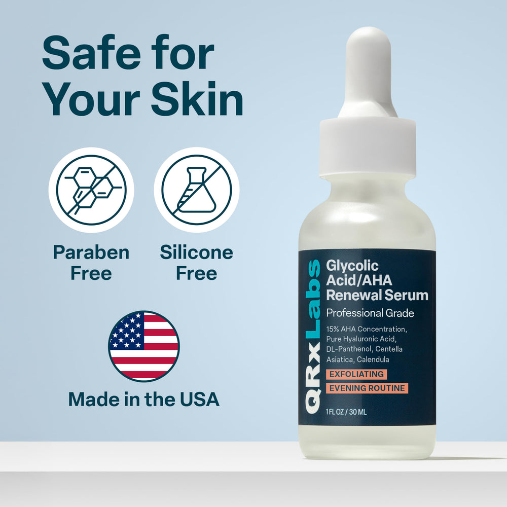 QRxLabs 15percent glycolic serum cruelty-free icon highlights ethical skincare
