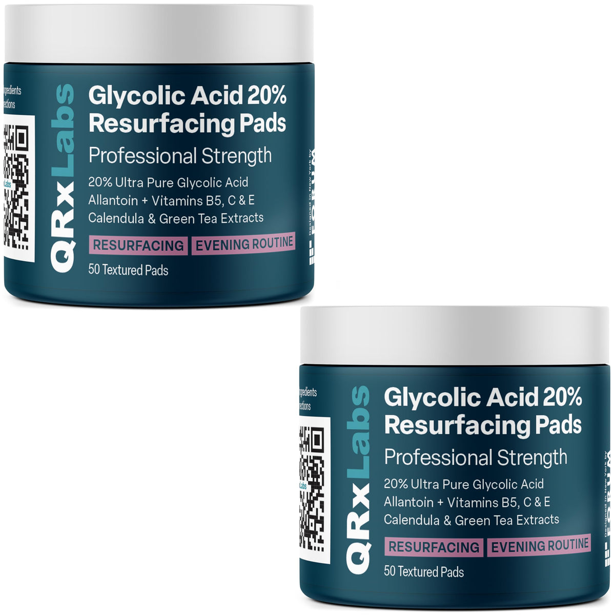 QRxLabs glycolic-acid-20-percent-pads-packaging highlights 2-pack value and gentle exfoliation.