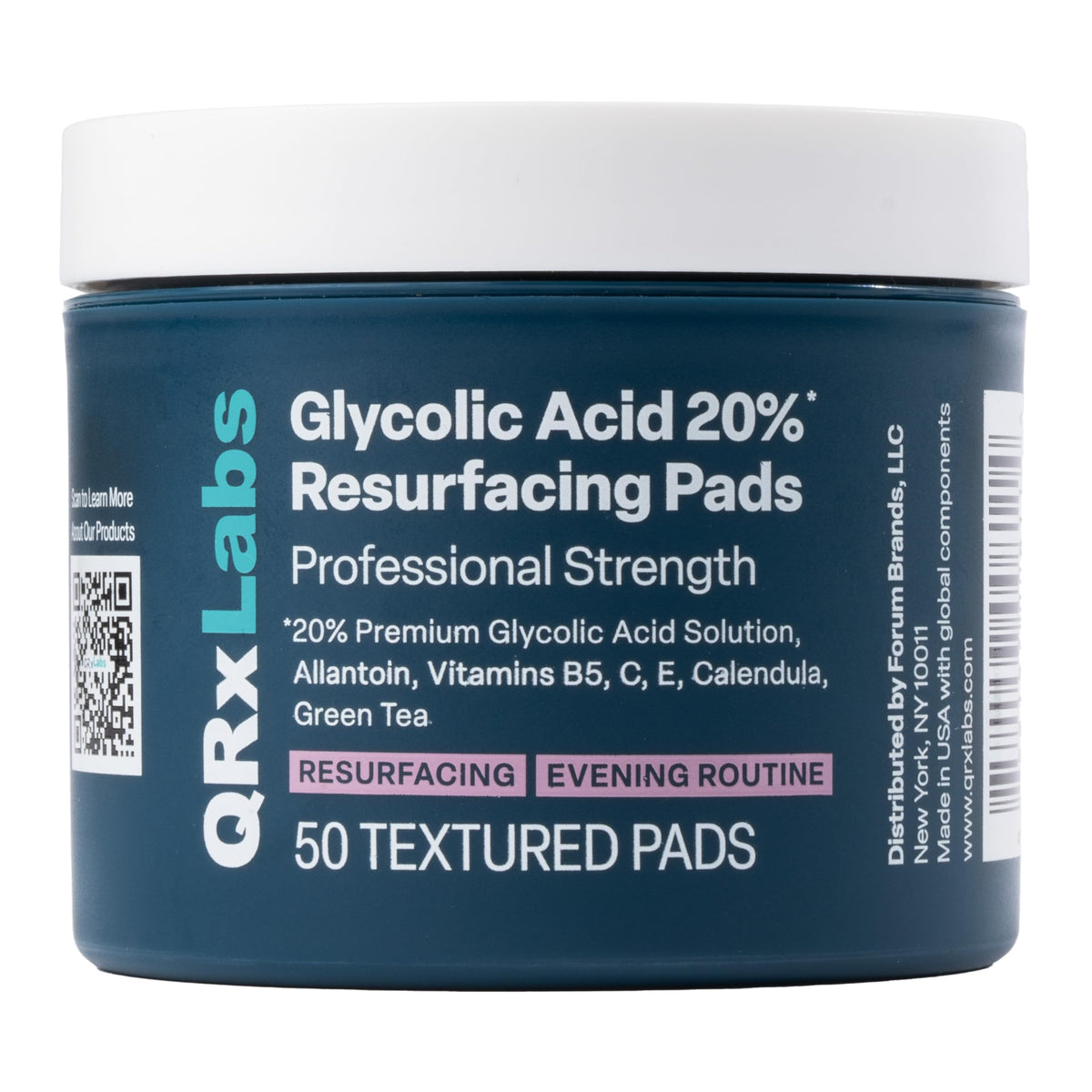 QRxLabs glycolic acid 20% resurfacing pads jar ready for nightly exfoliation