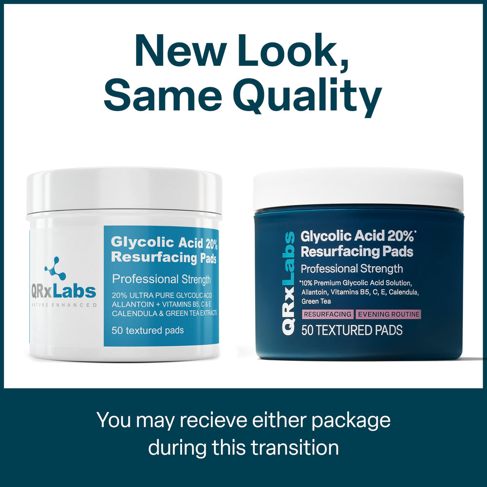 QRxLabs glycolic-acid-pads package front displayed on vanity