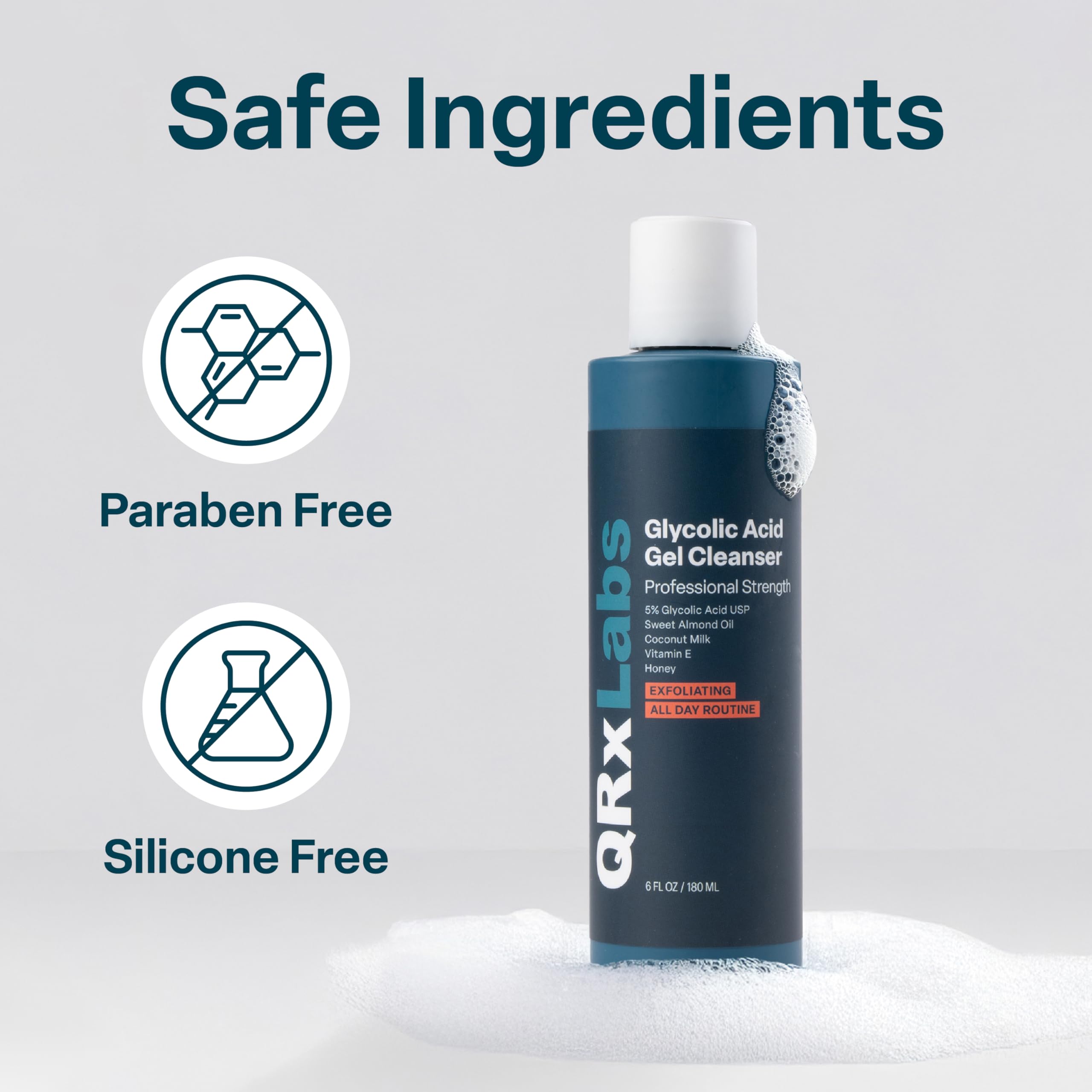 QRxLabs glycolic face wash application in hand signals pre-peel skin prep