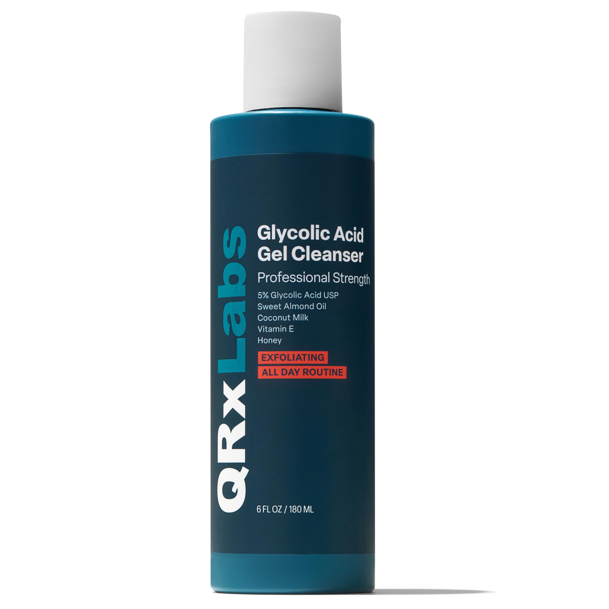 QRxLabs glycolic face wash bottle shows unscented oil-control formula for daily use