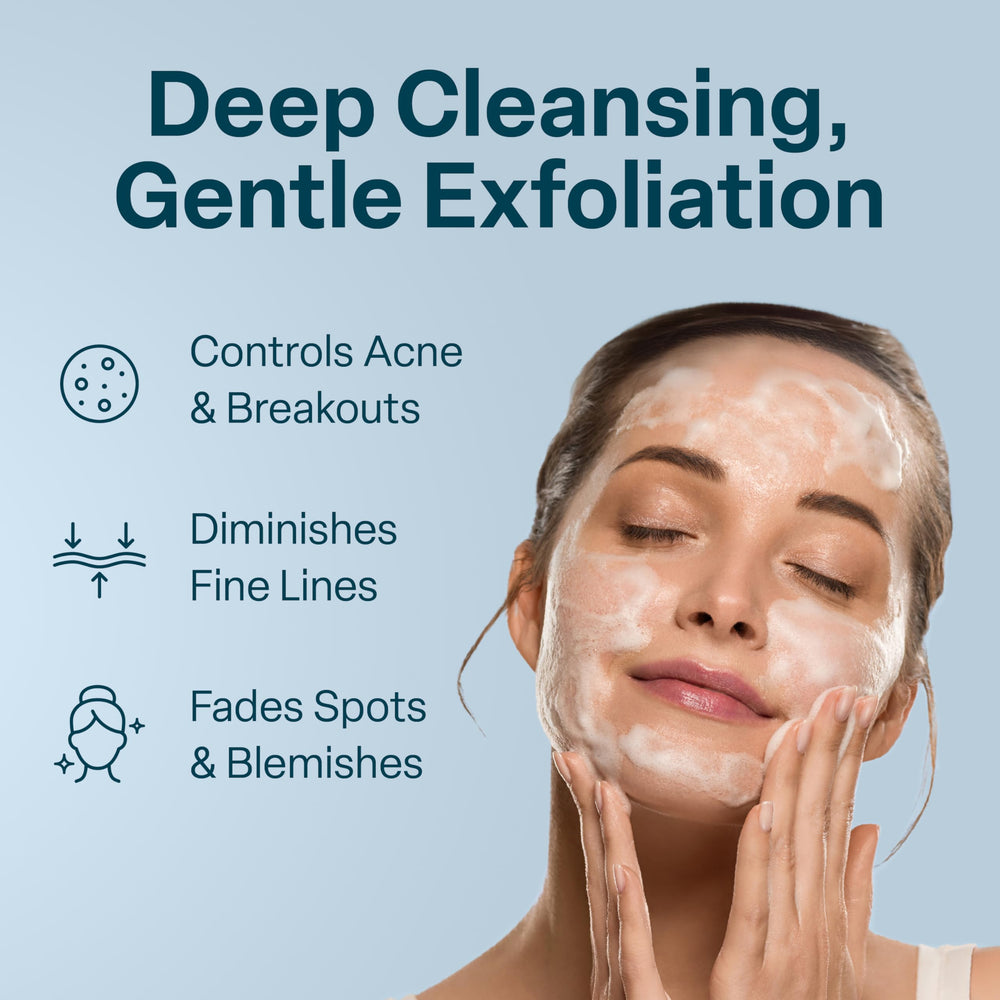 QRxLabs glycolic face wash pump demonstrates easy dispensing for gentle cleansing
