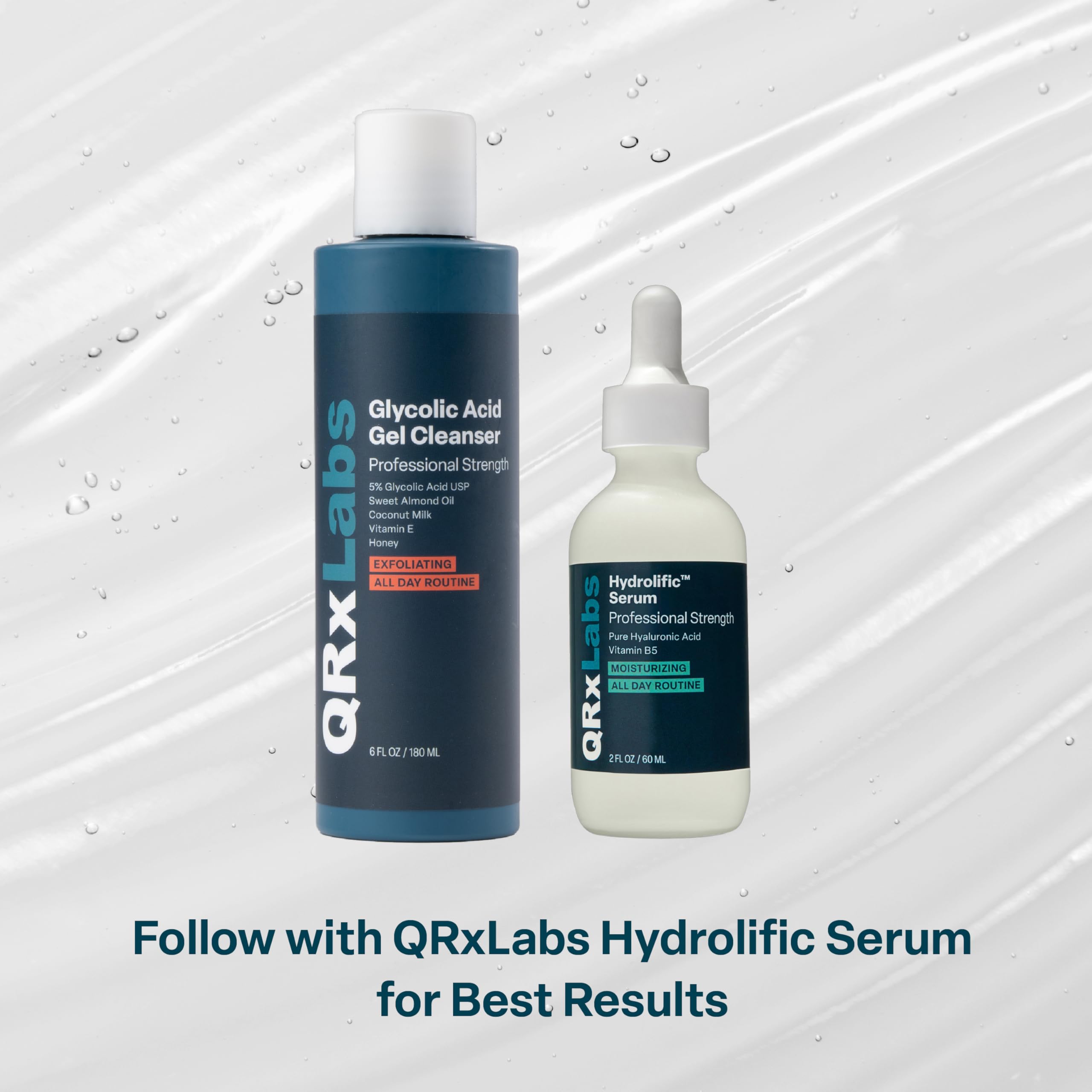 QRxLabs glycolic face wash water rinse conveys refreshing cleansing routine