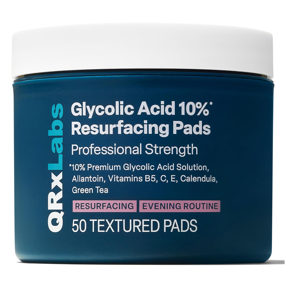 QRxLabs Glycolic Pads bottle for at-home exfoliation delivering smoother skin texture.