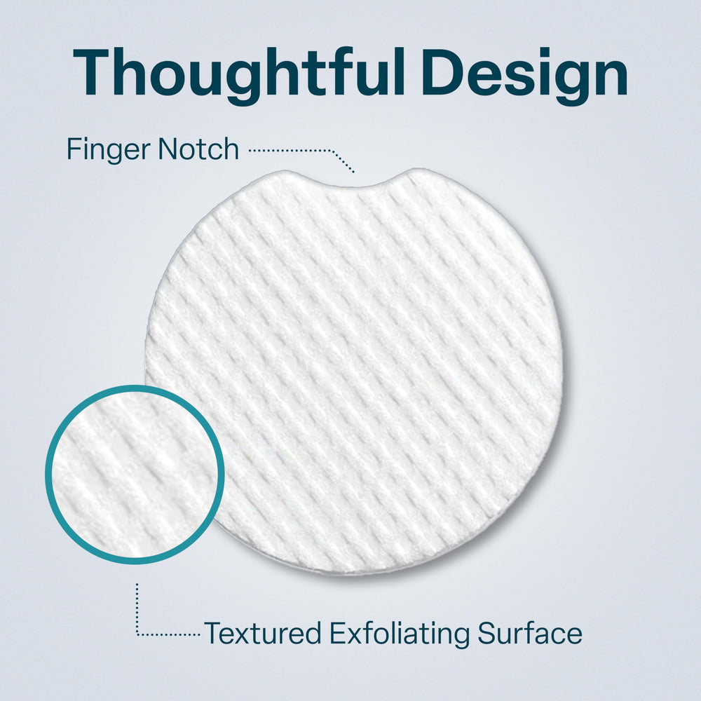 QRxLabs Glycolic Pads in-use face image suggesting gentle daily routine for even skin.