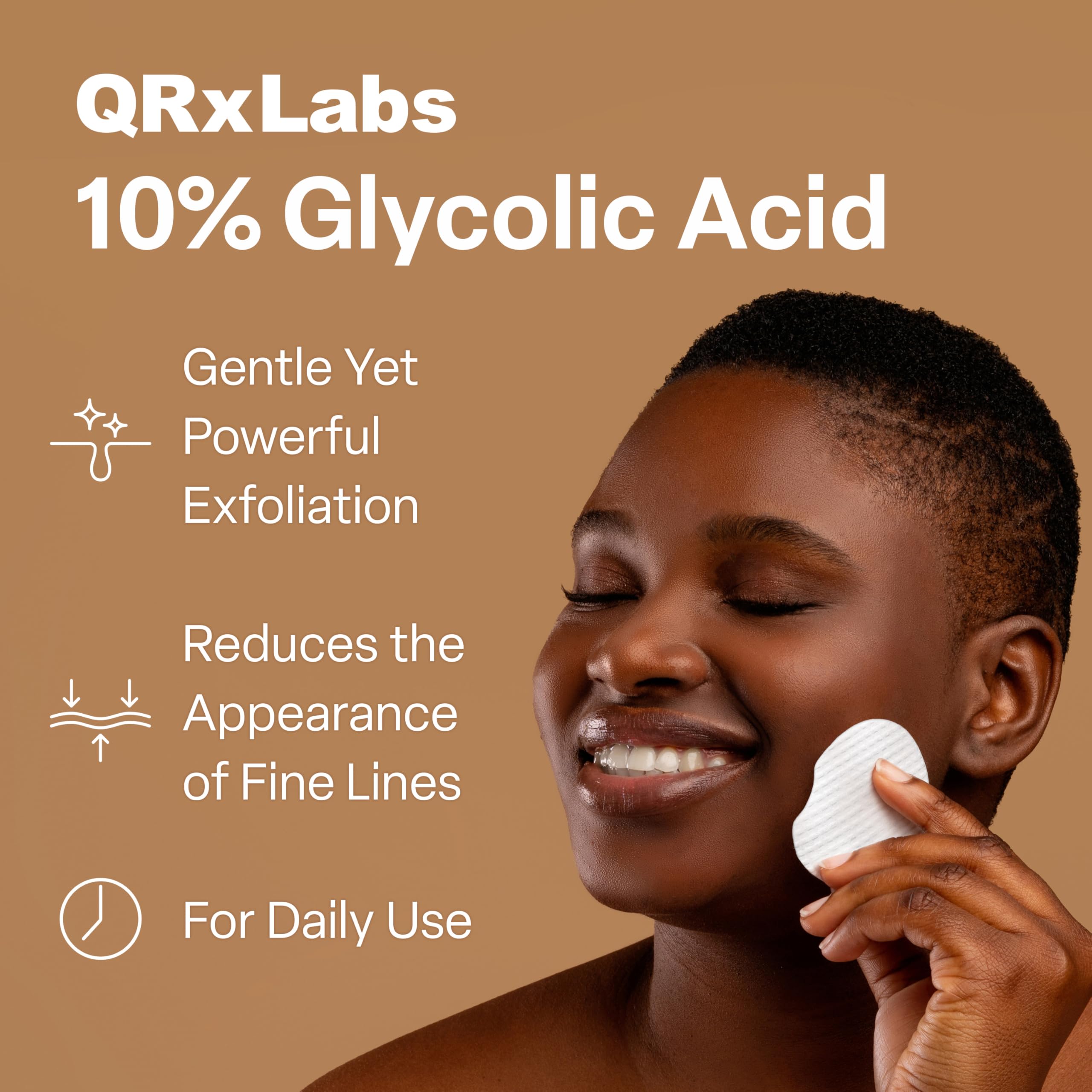 QRxLabs Glycolic Pads packaging showing long-lasting supply for daily exfoliation.