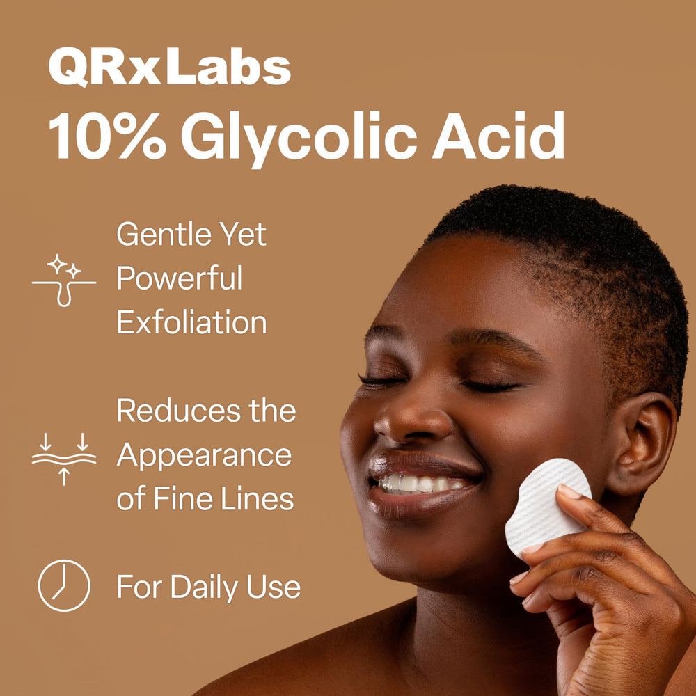 QRxLabs Glycolic Pads packaging showing long-lasting supply for daily exfoliation.