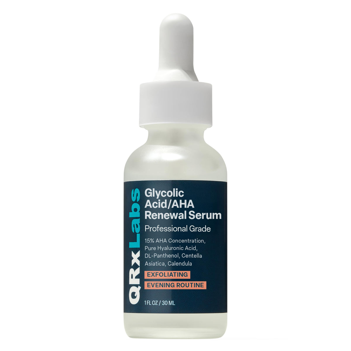 QRxLabs glycolic serum bottle ready for gentle daily exfoliation.