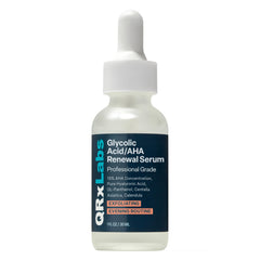QRxLabs glycolic serum bottle ready for gentle daily exfoliation.
